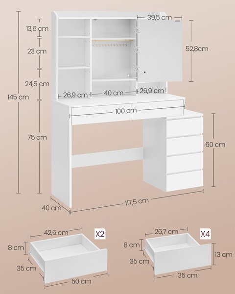 Masa de toaleta cu oglinda iluminata Vasagle Alb 117.5x40x145 cm