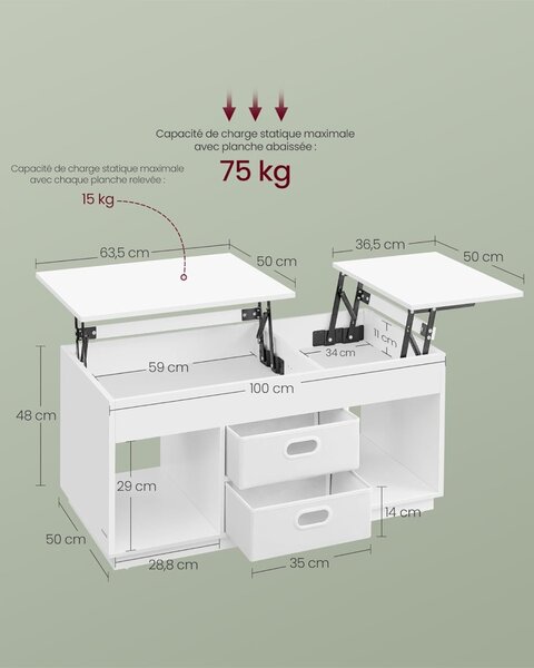 Masuta de cafea extensibila Vasagle Alb 100x50x48.5 cm