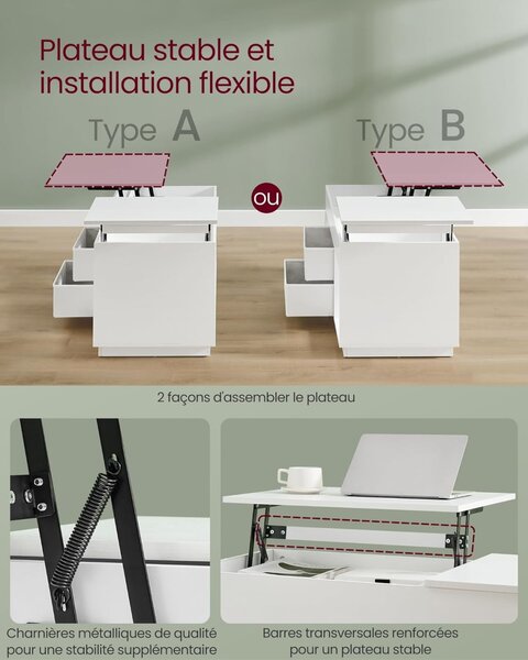 Masuta de cafea extensibila Vasagle Alb 100x50x48.5 cm