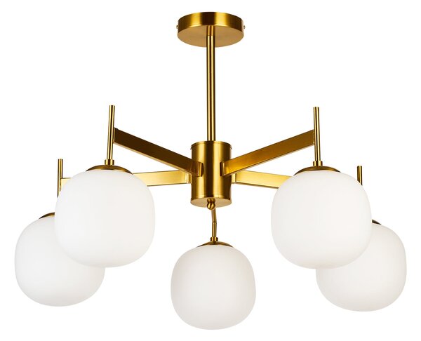 Lustra Modernă Impressive 5 Klausen cu Diametru 72cm și Înălțime 50cm, Corp Metalic Alamă și Abajururi Sticlă Opal, 5xE27, Iluminat Ambient Lux