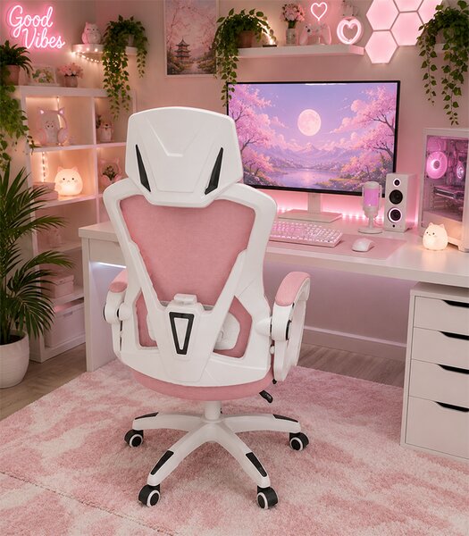 Scaun de birou ergonomic cu tetieră și spătar din plasă – roz