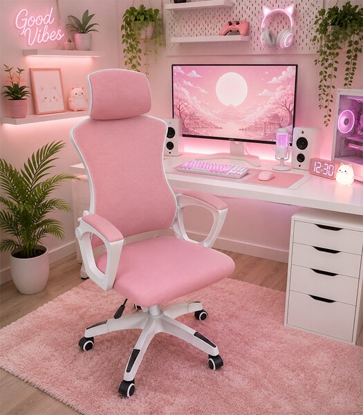 Scaun de birou ergonomic cu tetieră și spătar din plasă – roz