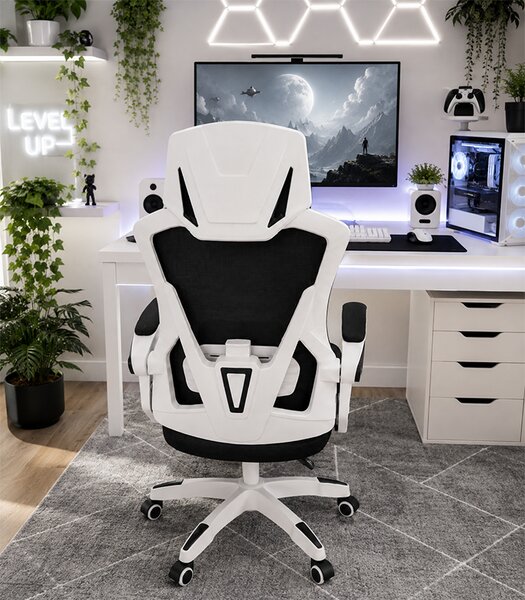 Scaun de birou ergonomic cu tetieră și spătar din plasă, negru cu cadru alb