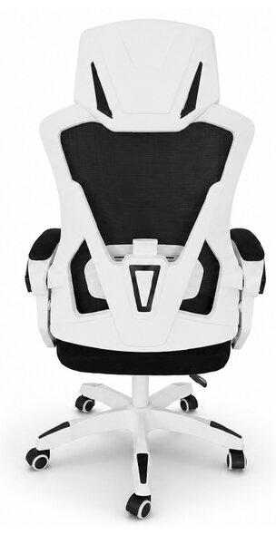 Scaun de birou ergonomic cu tetieră și spătar din plasă, negru cu cadru alb
