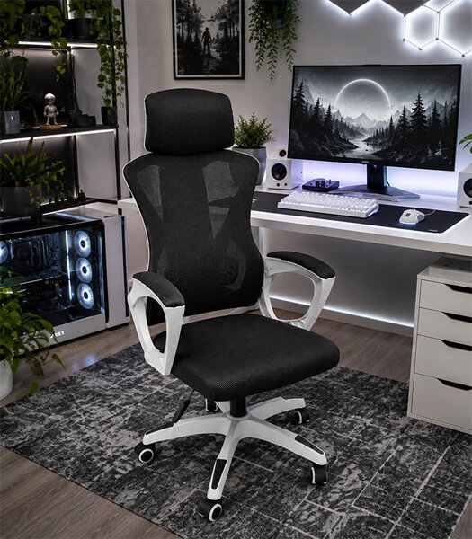 Scaun de birou ergonomic cu tetieră și spătar din plasă, negru cu cadru alb