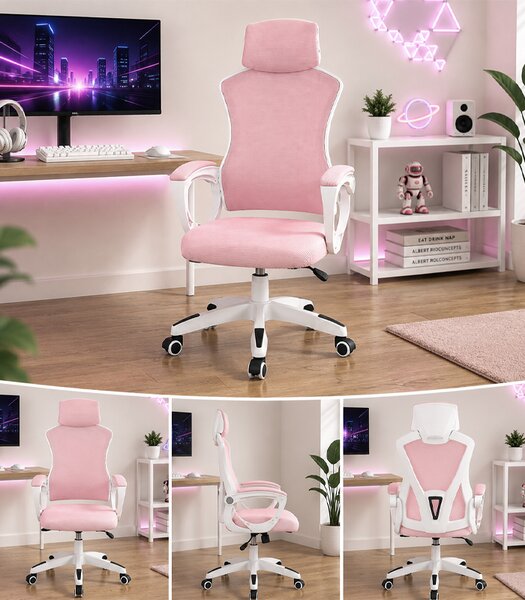Scaun de birou ergonomic cu tetieră și spătar din plasă – roz