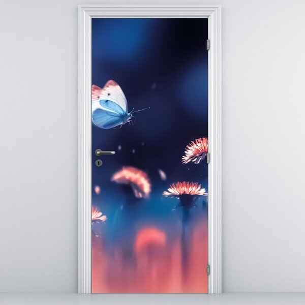 Fototapet pentru ușă - Păpădii cu fluture albastru (95x205cm)