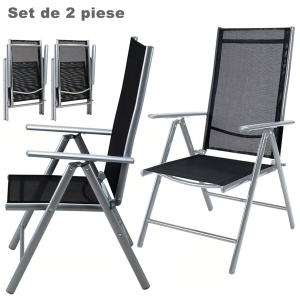 Scaun de grădină MARBELLA, set 2 buc., pliabil, negru/argintiu Casaria