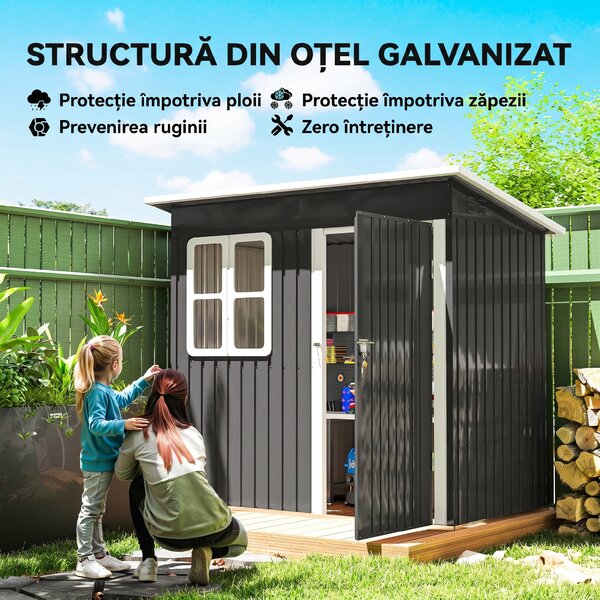 Outsunny magazie grădină căsuță de grădină pentru unelte cu ușă largă și fereastră, 221x133x190 cm gri închis | Aosom Romania