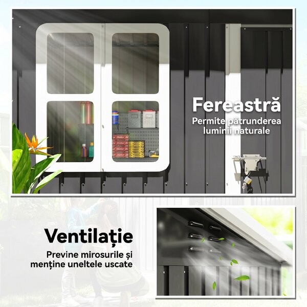 Outsunny magazie grădină căsuță de grădină pentru unelte cu ușă largă și fereastră, 221x133x190 cm gri închis | Aosom Romania
