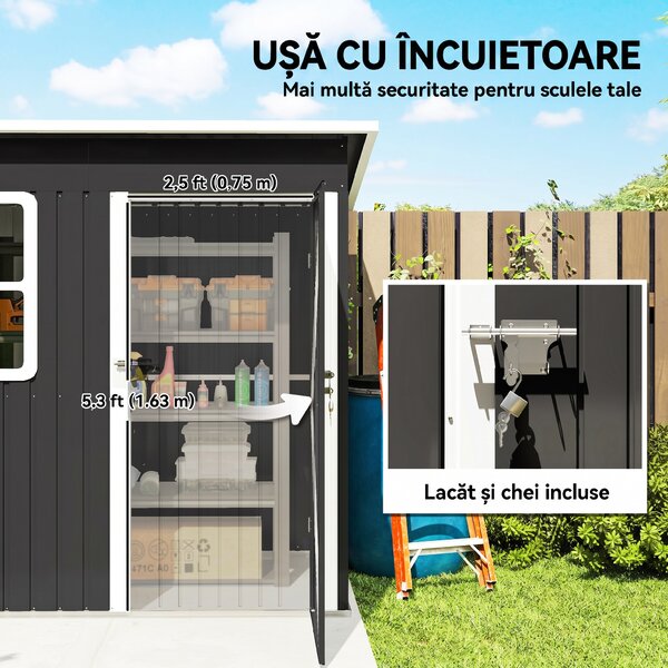 Outsunny magazie grădină căsuță de grădină pentru unelte cu ușă largă și fereastră, 221x133x190 cm gri închis | Aosom Romania