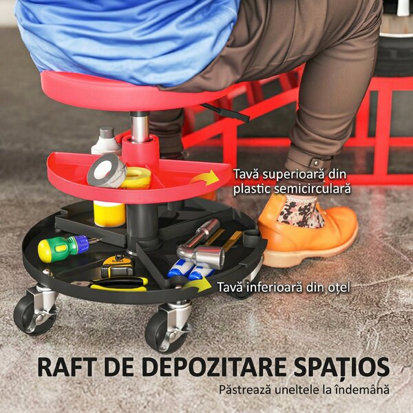 HOMCOM Scaun de Atelier cu Roți de 6 cm, Capacitate până la 135 kg, Înălțime Reglabilă 40-51 cm, cu Tăvi pentru Scule, Roșu | Aosom Romania