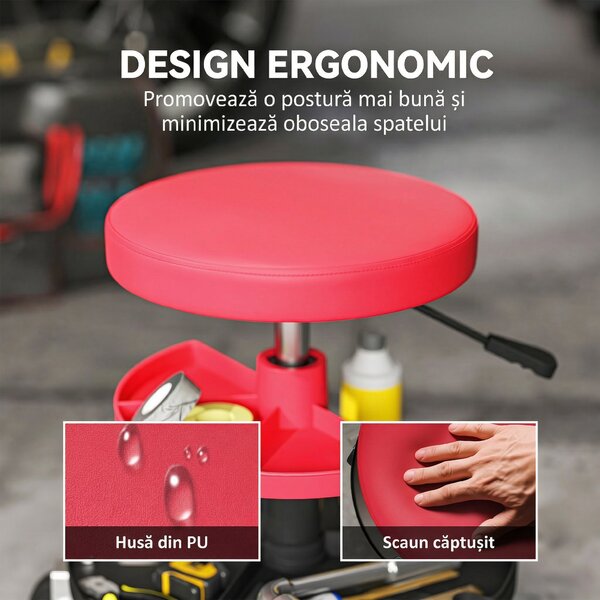 HOMCOM Scaun de Atelier cu Roți de 6 cm, Capacitate până la 135 kg, Înălțime Reglabilă 40-51 cm, cu Tăvi pentru Scule, Roșu | Aosom Romania