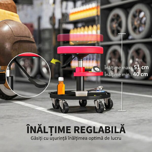 HOMCOM Scaun de Atelier cu Roți de 6 cm, Capacitate până la 135 kg, Înălțime Reglabilă 40-51 cm, cu Tăvi pentru Scule, Roșu | Aosom Romania