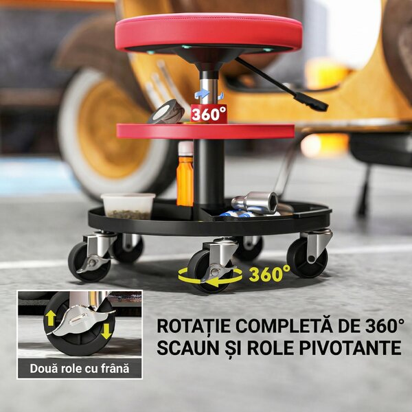 HOMCOM Scaun de Atelier cu Roți de 6 cm, Capacitate până la 135 kg, Înălțime Reglabilă 40-51 cm, cu Tăvi pentru Scule, Roșu | Aosom Romania
