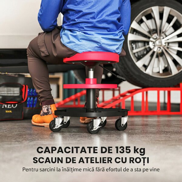 HOMCOM Scaun de Atelier cu Roți de 6 cm, Capacitate până la 135 kg, Înălțime Reglabilă 40-51 cm, cu Tăvi pentru Scule, Roșu | Aosom Romania
