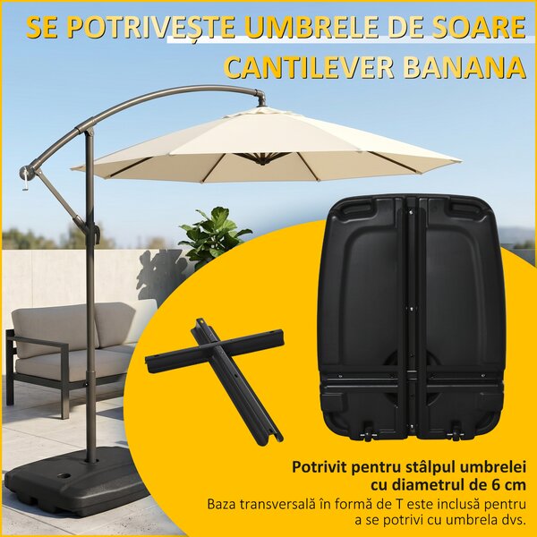 Outsunny Bază pentru Umbrelă cu Braţ, Bază în T şi Rotile, 80x60x17 cm, Negru | Aosom Romania