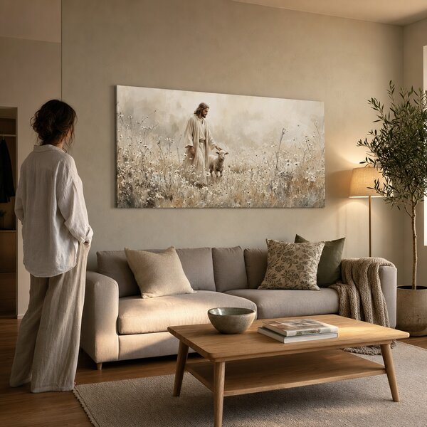 Tablou modern cu Isus ca păstor și miel pe pânză - 80x40 cm