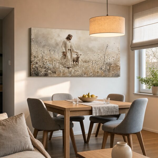 Tablou modern cu Isus ca păstor și miel pe pânză - 80x40 cm