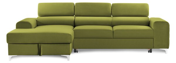 Colțar Extensibil LOFT NEW, cu lada depozitare, tetiere reglabile, 290x170x95 cm, Verde-Olive-Velluto / Stanga
