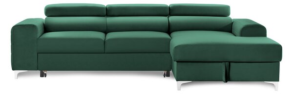 Colțar Extensibil LOFT NEW, cu lada depozitare, tetiere reglabile, 290x170x95 cm, Verde-Padure-Velluto / Dreapta