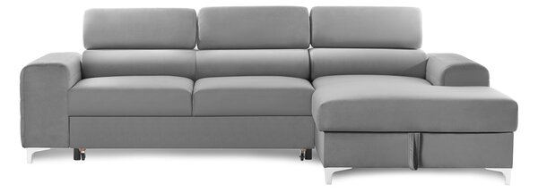 Colțar Extensibil LOFT NEW, cu lada depozitare, tetiere reglabile, 290x170x95 cm, Gri-Silver-Velluto / Stanga