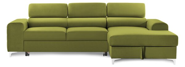 Colțar Extensibil LOFT NEW, cu lada depozitare, tetiere reglabile, 290x170x95 cm, Verde-Olive-Velluto / Stanga
