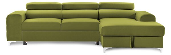 Colțar Extensibil LOFT NEW, cu lada depozitare, tetiere reglabile, 290x170x95 cm, Verde-Olive-Velluto / Dreapta