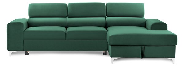 Colțar Extensibil LOFT NEW, cu lada depozitare, tetiere reglabile, 290x170x95 cm, Verde-Padure-Velluto / Dreapta