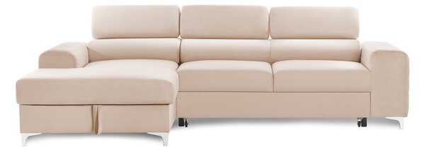 Colțar Extensibil LOFT NEW, cu lada depozitare, tetiere reglabile, 290x170x95 cm, Bej-Velluto / Stanga