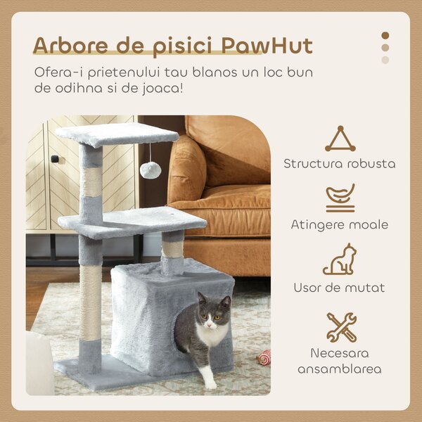 PawHut Șevalet de Zgâriat pentru Pisici cu Căsuță, 2 Platforme și Minge Gri | Aosom Romania