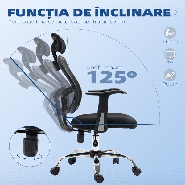 Vinsetto Scaun de Birou Ergonomic și Reglabil cu Tetieră, Negru | Aosom Romania