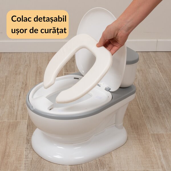 Olita muzicala interactiva cu sunete Kidizi MiniLoo gri, minitoaleta, adaptor moale din spuma PU, capac rabatabil, vas colector detasabil, suport hartie
