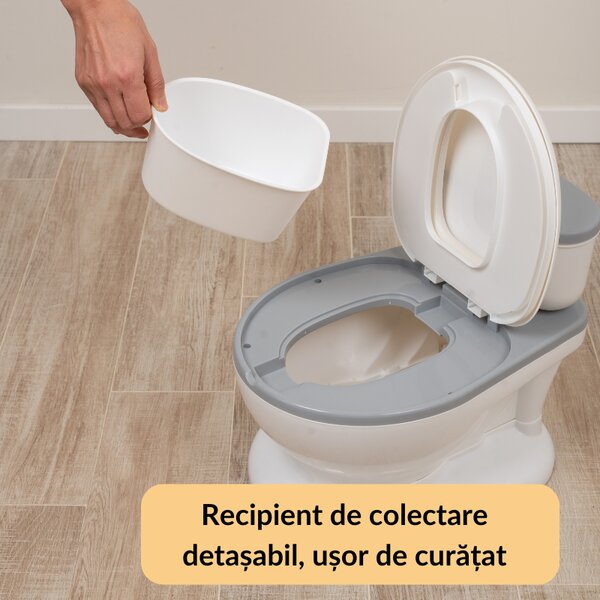 Olita muzicala interactiva cu sunete Kidizi MiniLoo gri, minitoaleta, adaptor moale din spuma PU, capac rabatabil, vas colector detasabil, suport hartie