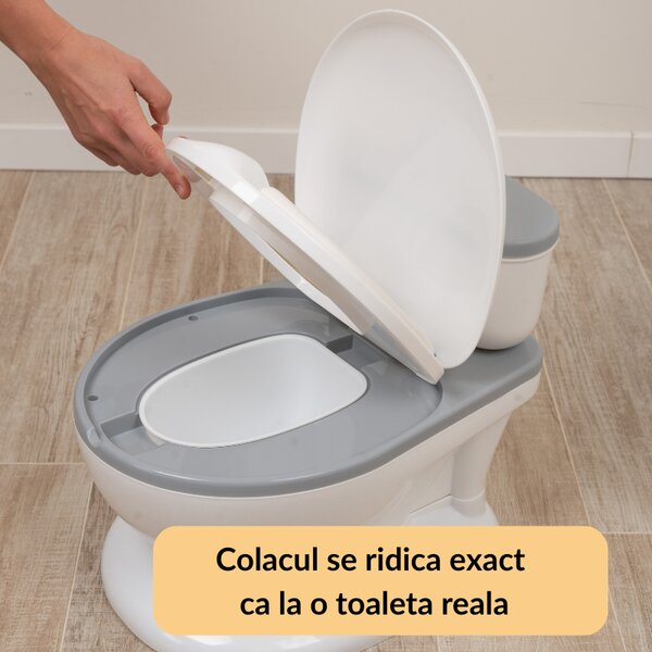 Olita muzicala interactiva cu sunete Kidizi MiniLoo gri, minitoaleta, adaptor moale din spuma PU, capac rabatabil, vas colector detasabil, suport hartie