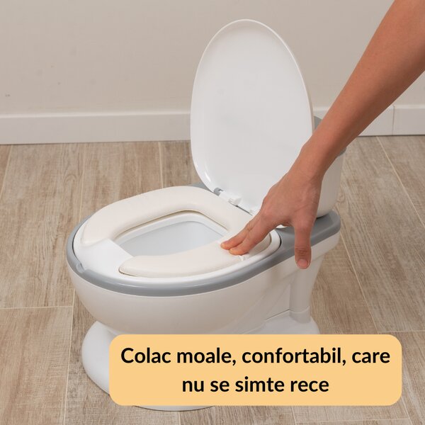 Olita muzicala interactiva cu sunete Kidizi MiniLoo gri, minitoaleta, adaptor moale din spuma PU, capac rabatabil, vas colector detasabil, suport hartie