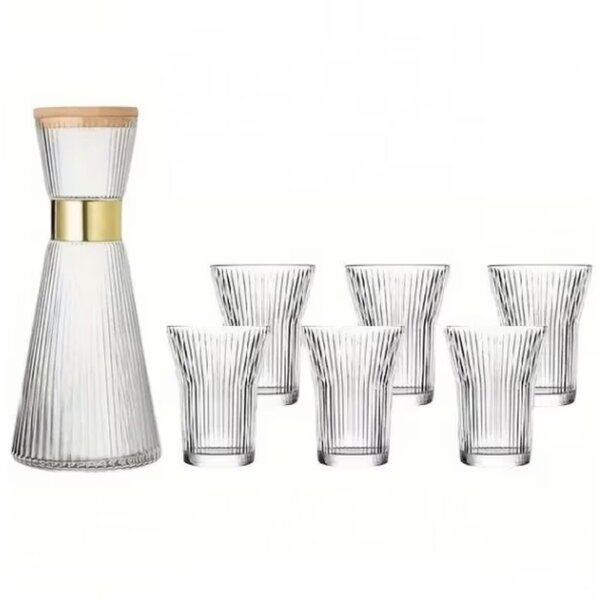 Carafa din sticla Pufo Special cu capac etans din bambus si 6 pahare striate- Set elegant pentru servire