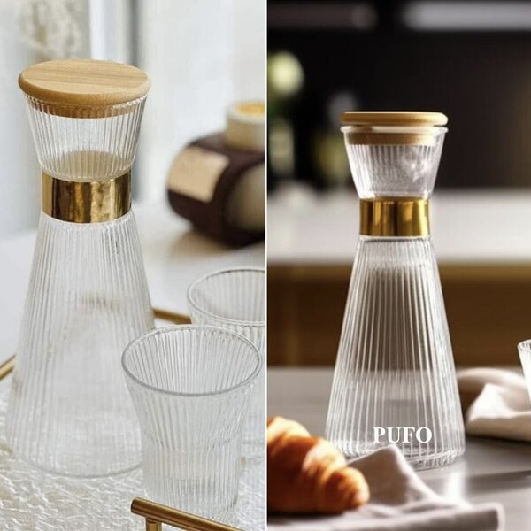 Carafa din sticla Pufo Special cu capac etans din bambus si 6 pahare striate- Set elegant pentru servire