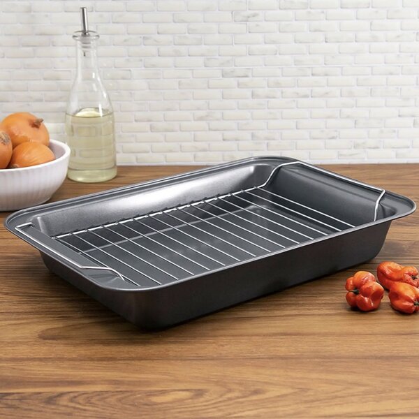 Tava Pufo pentru Cuptor cu Gratar Detasabil- Ideala pentru Fripturi, Pui, Legume la Cuptor si Gatit sanatos acasa, 37.5 x 25.5 cm