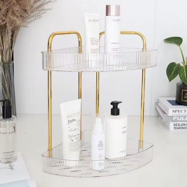 Raft organizator elegant Pufo Luxury transparent de baie cu 2 nivele, cadru metalic auriu, pentru cosmetice, parfumuri, 38.5 x 25 cm
