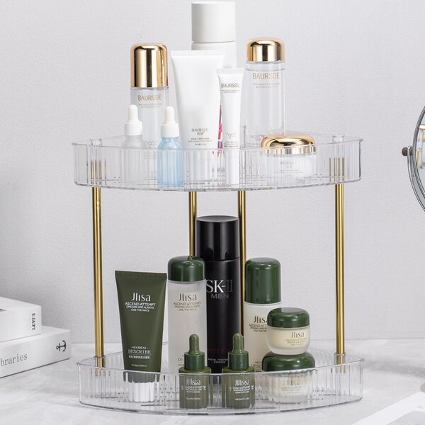 Raft organizator elegant Pufo Luxury transparent de baie cu 2 nivele, cadru metalic auriu, pentru cosmetice, parfumuri, 38.5 x 25 cm