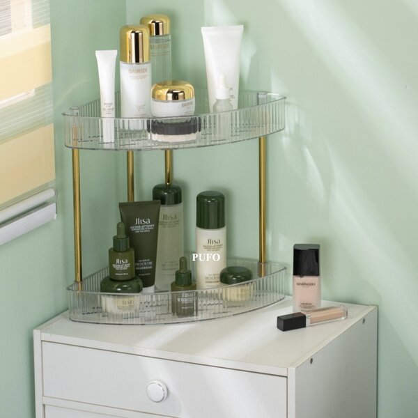 Raft organizator elegant Pufo Luxury transparent de baie cu 2 nivele, cadru metalic auriu, pentru cosmetice, parfumuri, 38.5 x 25 cm