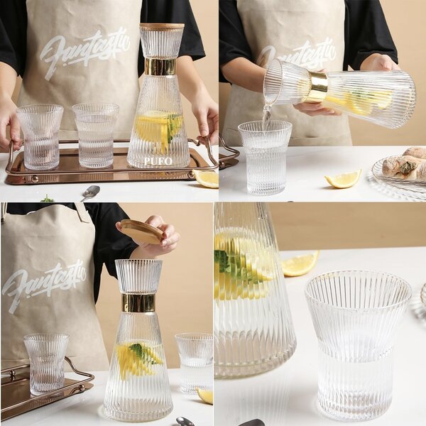 Carafa din sticla Pufo Special cu capac etans din bambus si 6 pahare striate- Set elegant pentru servire