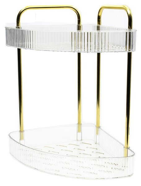Raft organizator elegant Pufo Luxury transparent de baie cu 2 nivele, cadru metalic auriu, pentru cosmetice, parfumuri, 38.5 x 25 cm