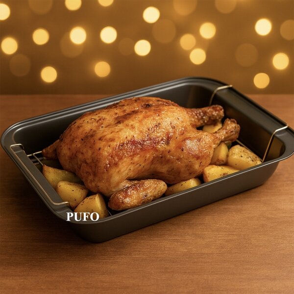 Tava Pufo pentru Cuptor cu Gratar Detasabil- Ideala pentru Fripturi, Pui, Legume la Cuptor si Gatit sanatos acasa, 37.5 x 25.5 cm