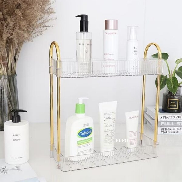 Raft organizator elegant Pufo Luxury transparent de baie cu 2 nivele, cadru metalic auriu, pentru cosmetice, parfumuri, 38.5 x 36 cm
