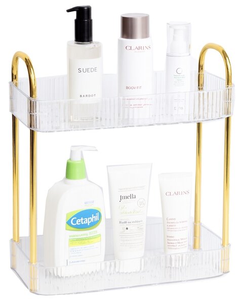 Raft organizator elegant Pufo Luxury transparent de baie cu 2 nivele, cadru metalic auriu, pentru cosmetice, parfumuri, 38.5 x 36 cm