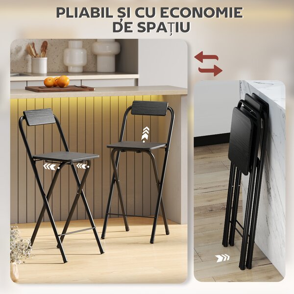 HOMCOM Set 2 Scaune de Bucătărie Pliabile cu Suport pentru Picioare din MDF și Oțel Negru | Aosom Romania