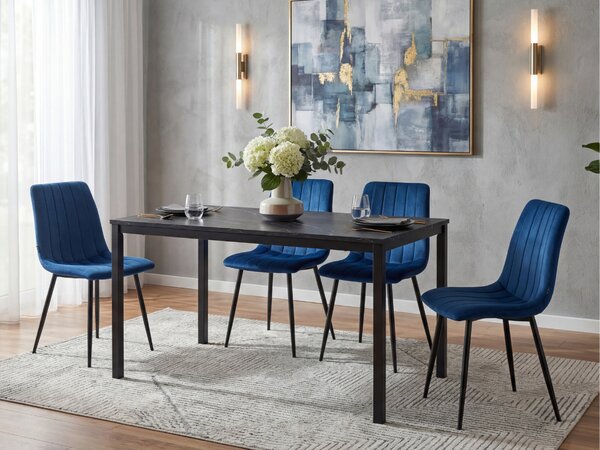 Set de dining 1 + 4, masa neagra RAMOD 100x60 cm + scaun albastru LAVA cu picioare negre