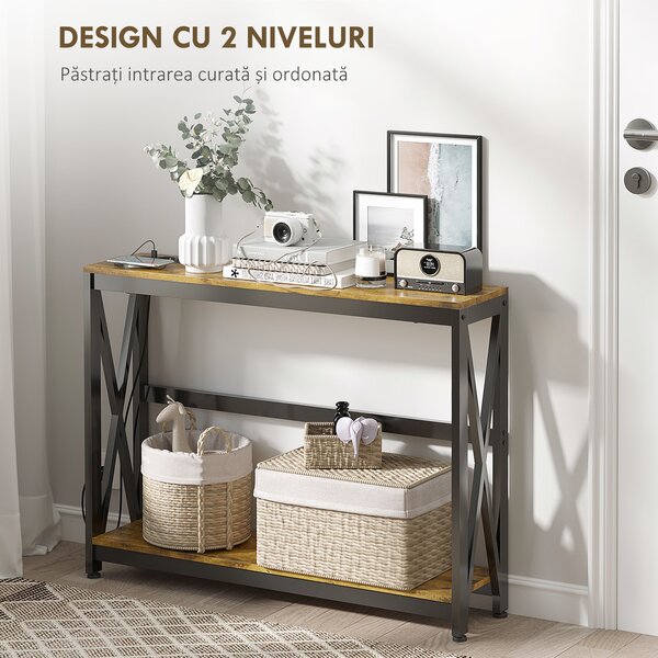 HOMCOM Masă Subțire de Consolă, Masă Industrială cu Două Nivele, Masă de Canapea Îngustă cu Cadru X din Oțel, 100x24x75 cm, Maro